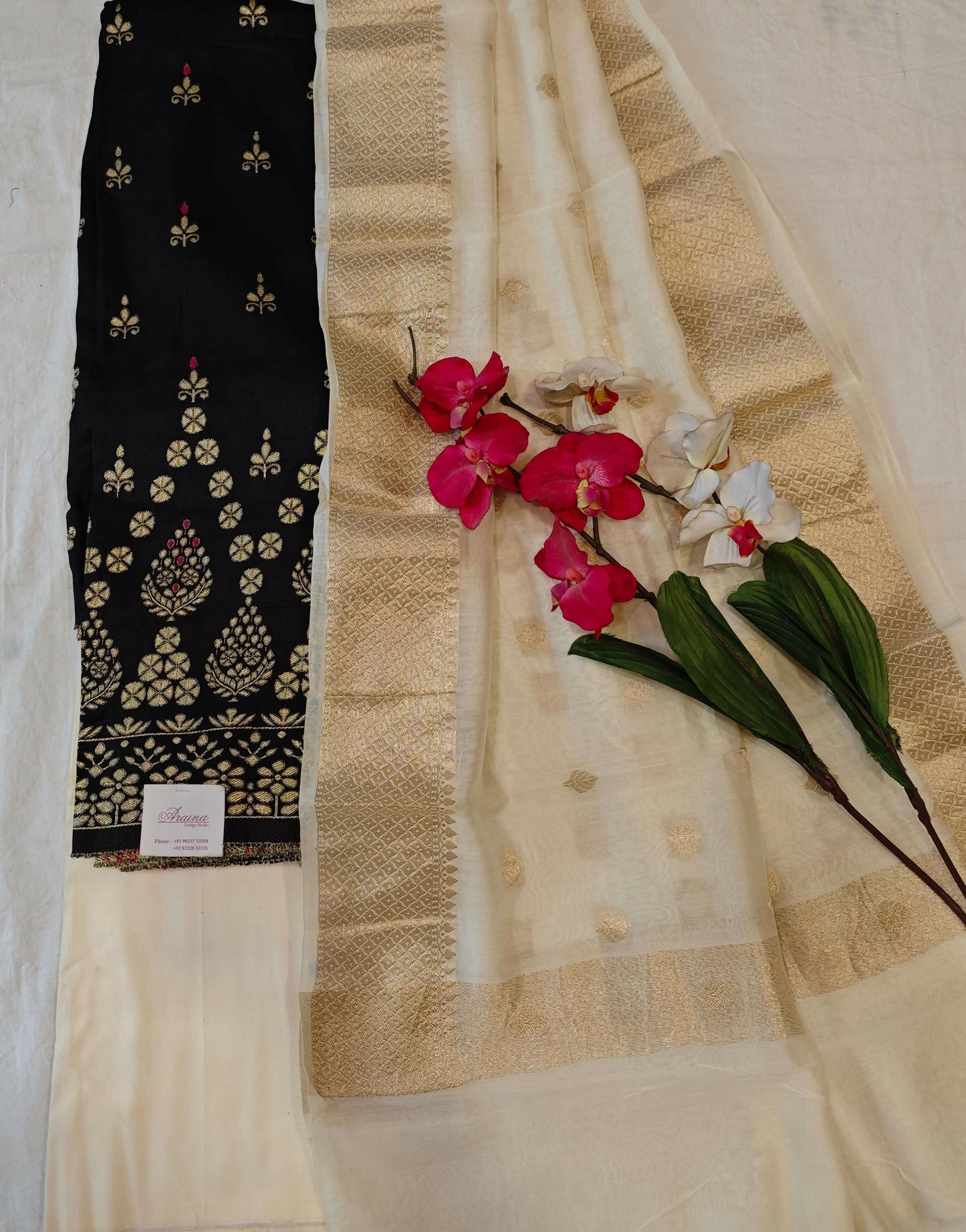 Dress Material With Cream pure Chanderi Banaras Dupatta